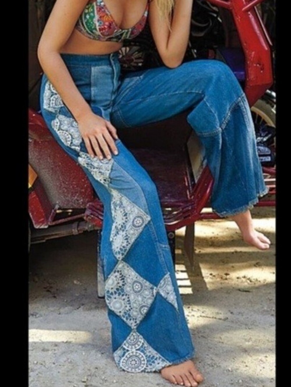 We The Free In My Element Patchwork Lace High Rise Flare Jeans Raw Hem, 30 - Picture 2 of 12